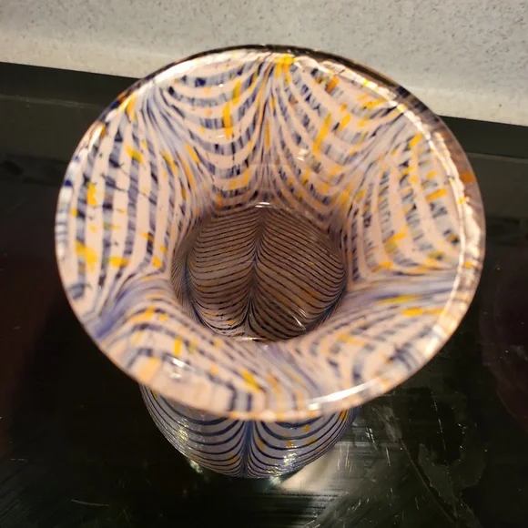 Hand Blown Feather Pull Art Glass Vase 7.25"